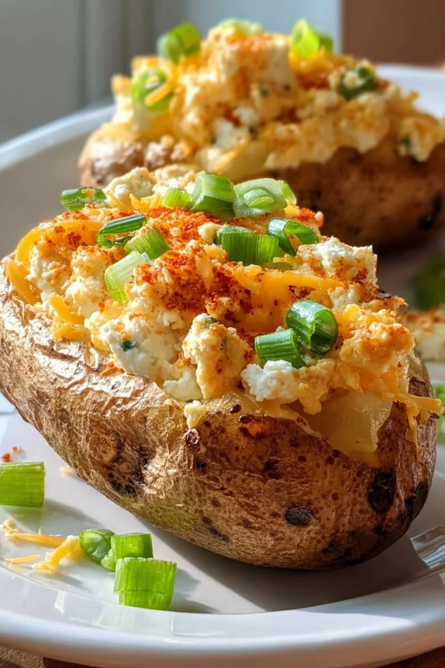 Loaded baked potatoes topped with cottage cheese and garnished with herbs