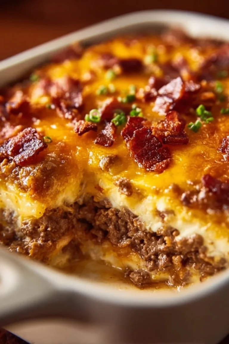 Low-carb bacon cheeseburger casserole with melted cheese and crispy bacon
