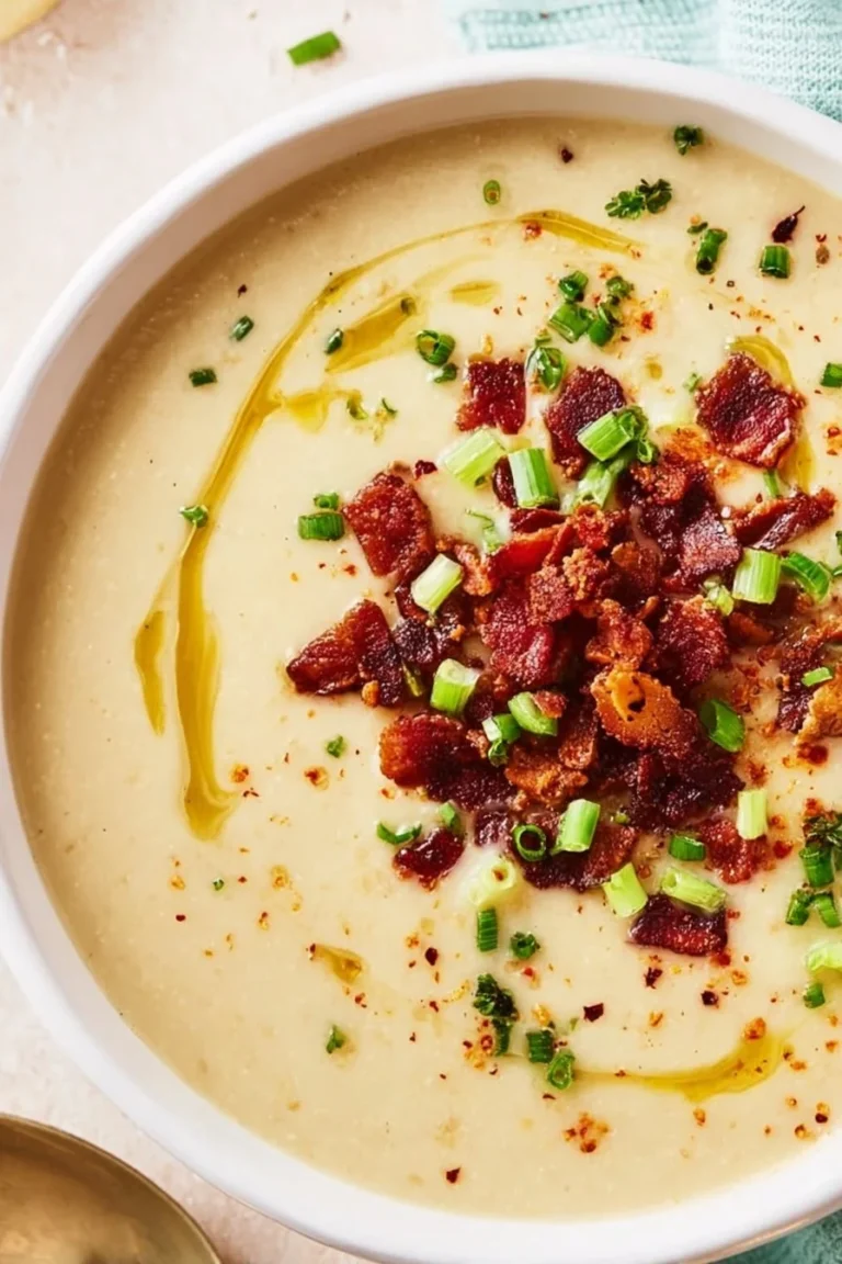Creamy low carb cauliflower soup garnished with herbs in a bowl