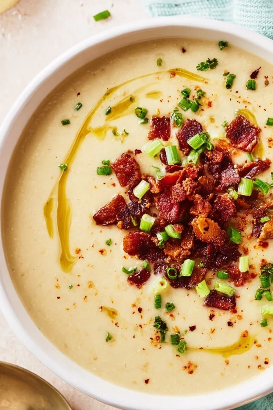 Creamy low carb cauliflower soup garnished with herbs in a bowl