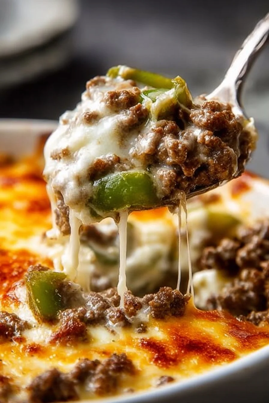 Low Carb Philly Cheesesteak Casserole topped with cheese and peppers