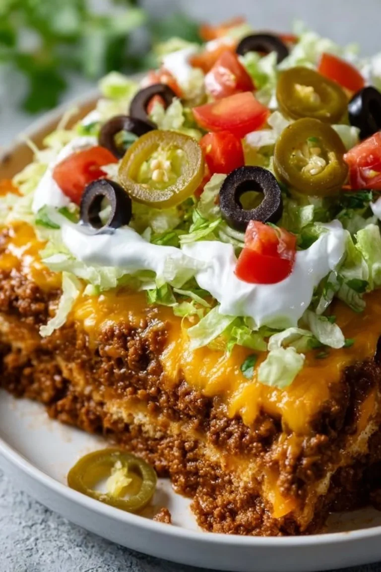 Low Carb Taco Casserole with layers of cheese, beef, and fresh toppings