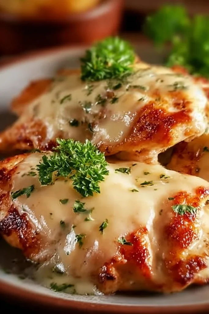 A plate of Malibu Chicken topped with ham and Swiss cheese, served with sides.