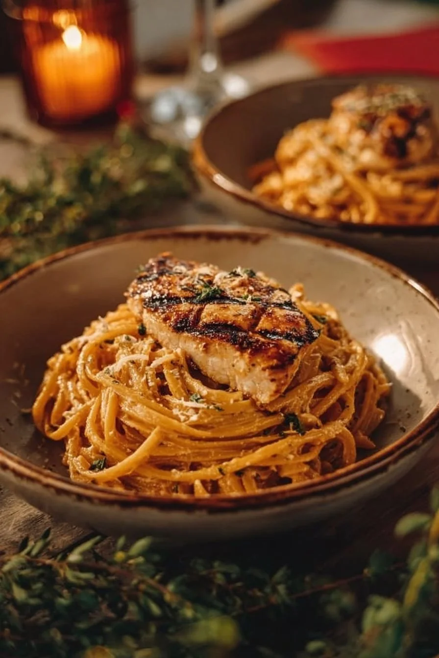 Delicious Marry Me Chicken Pasta topped with herbs and cheese.