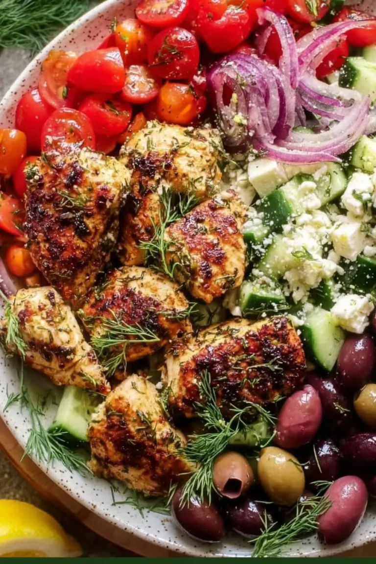 Mediterranean Lemon Dill Chicken Bowl with fresh vegetables and herbs
