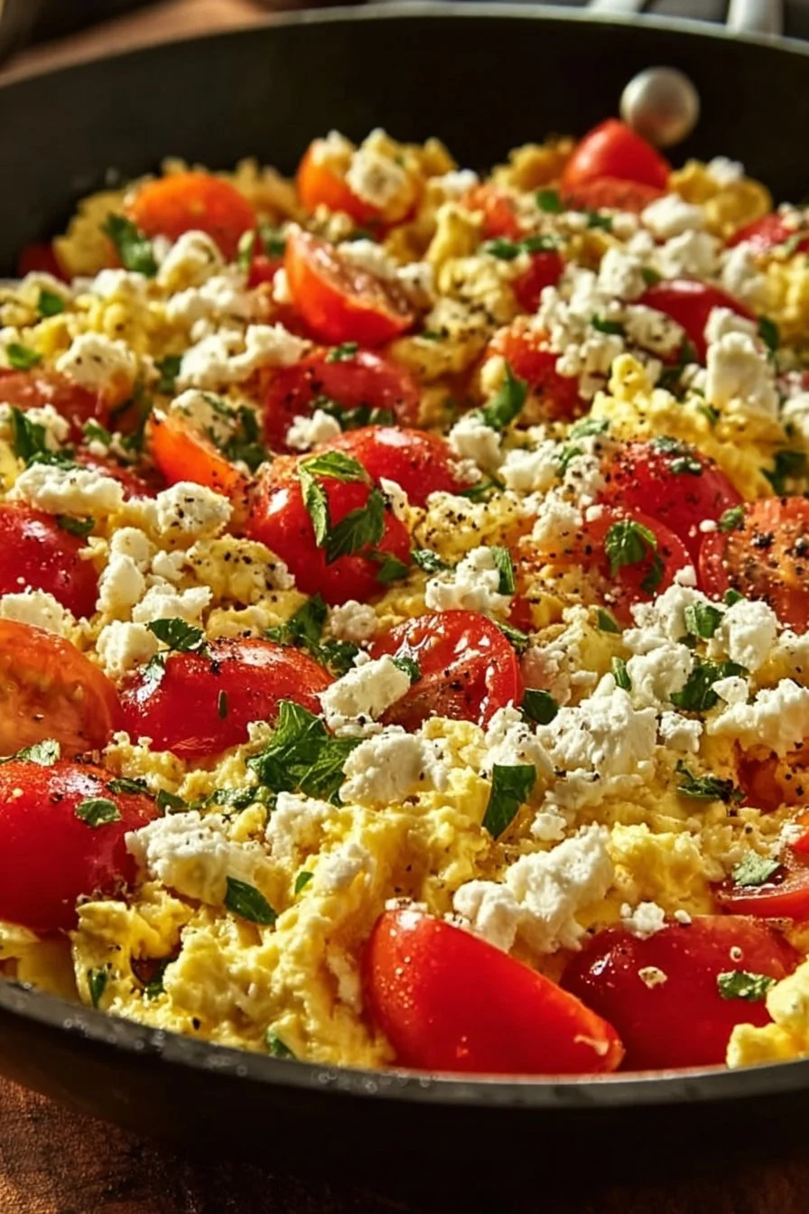 Delicious Mediterranean Scrambled Eggs with tomatoes, herbs, and feta cheese.