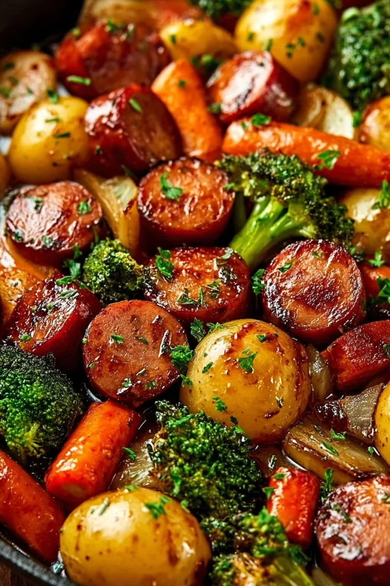 One-Pan Honey Garlic Kielbasa with colorful vegetables on a plate