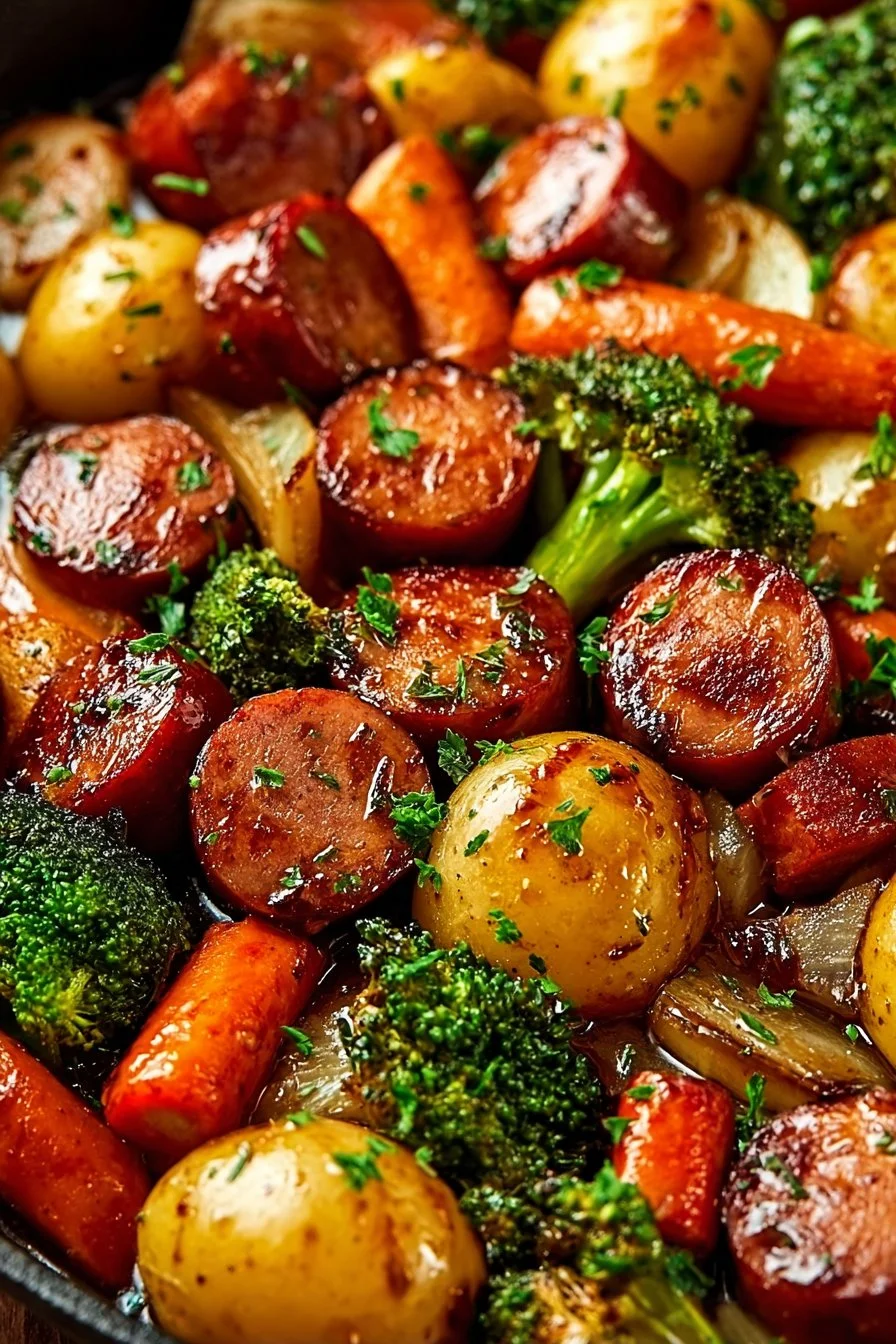 One-Pan Honey Garlic Kielbasa with colorful vegetables on a plate