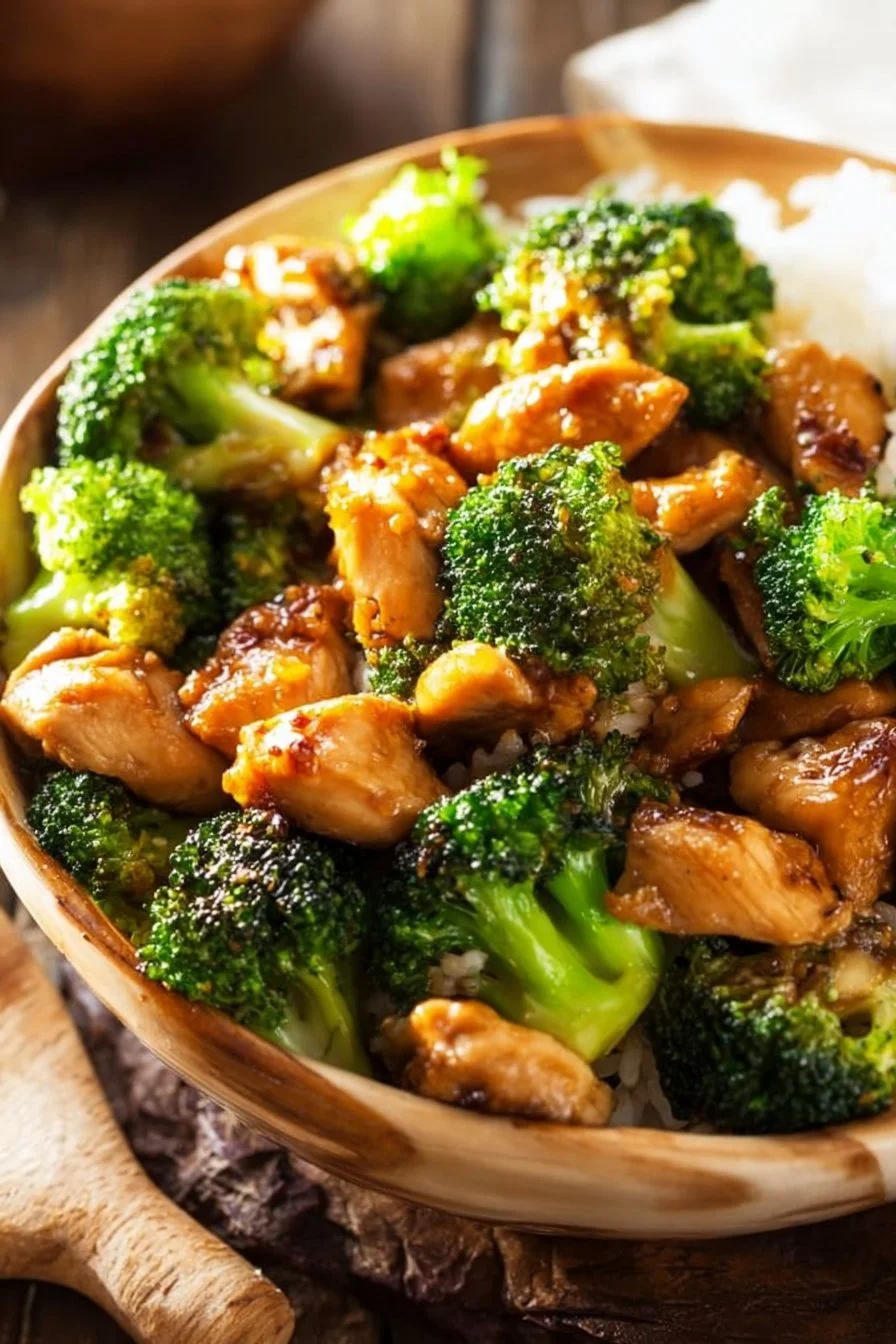 Paleo chicken and broccoli stir fry dish in a colorful bowl