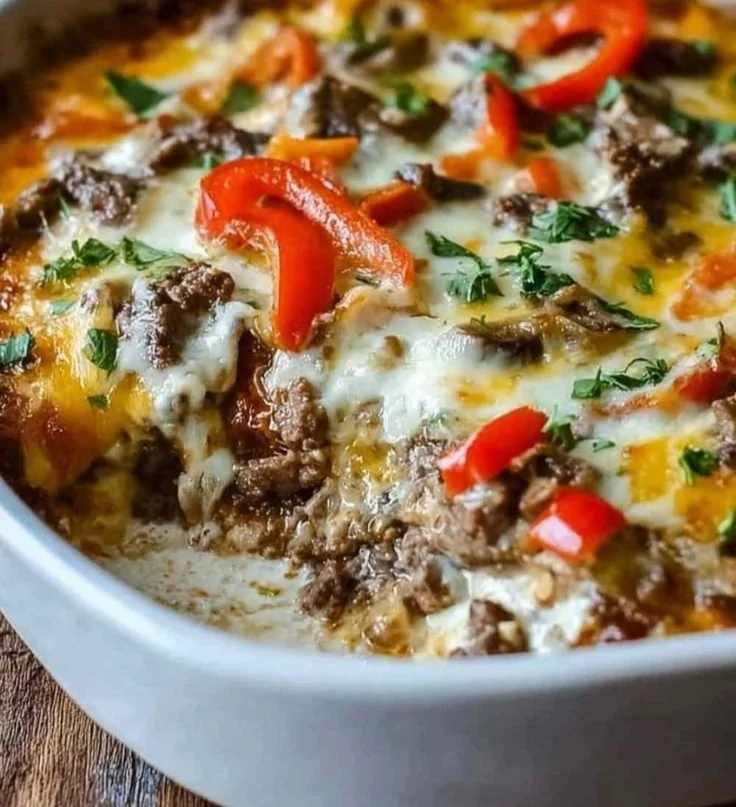 Delicious Philadelphia cheesesteak skillet with peppers and onions