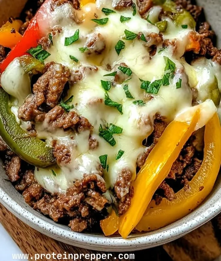 Delicious Philly Cheesesteak bowl with tender beef and peppers