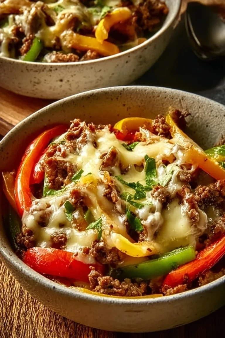 Delicious Philly Cheesesteak Bowls with beef, peppers, and cheese