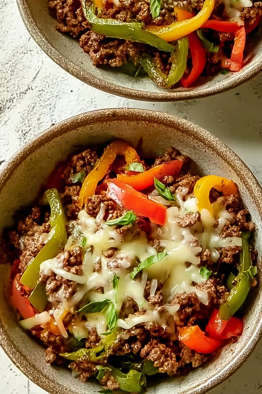 Delicious Philly cheesesteak bowl filled with steak, cheese, and toppings
