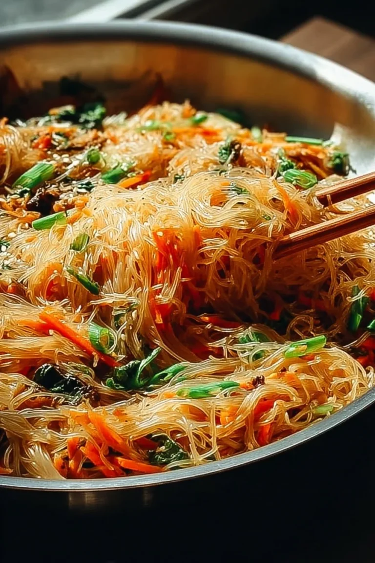 Delicious rice noodle stir-fry with colorful vegetables and sauce