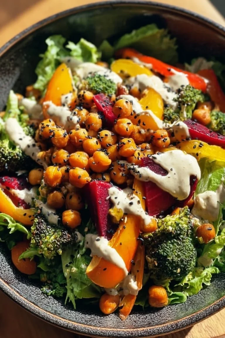 Delicious Roasted Chickpea Veggie Harvest Salad with fresh vegetables and dressing
