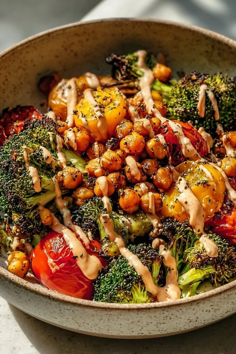 Colorful roasted veggie chickpea bowl served in a rustic dish