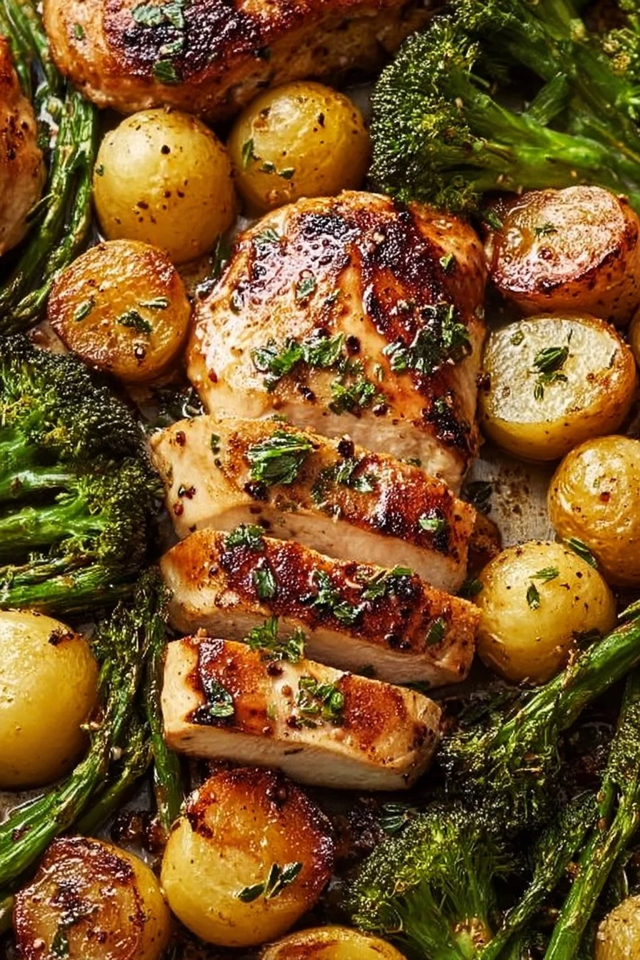 Sheet pan garlic butter chicken with roasted vegetables ready to serve