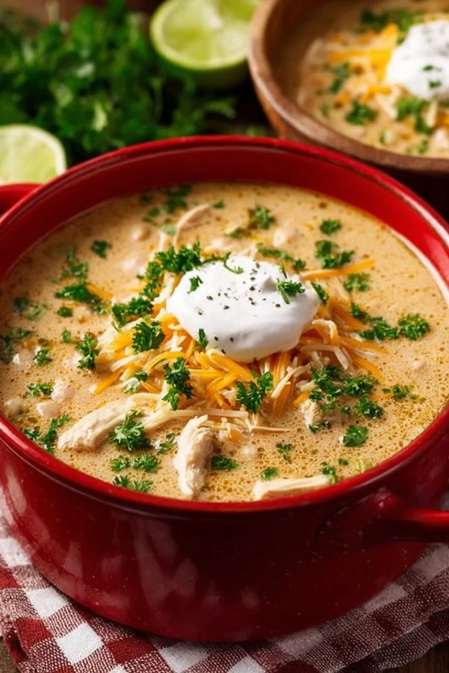 Bowl of Simple Keto White Chicken Chili topped with fresh herbs.