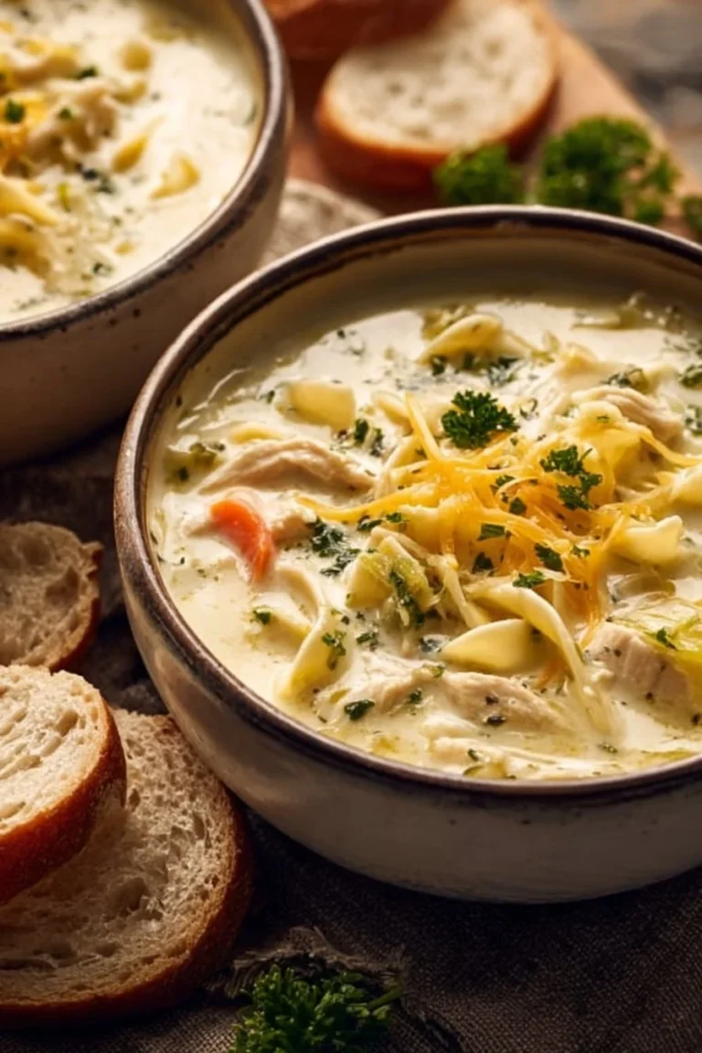 Delicious slow cooker cheesy chicken noodle soup served in a bowl.