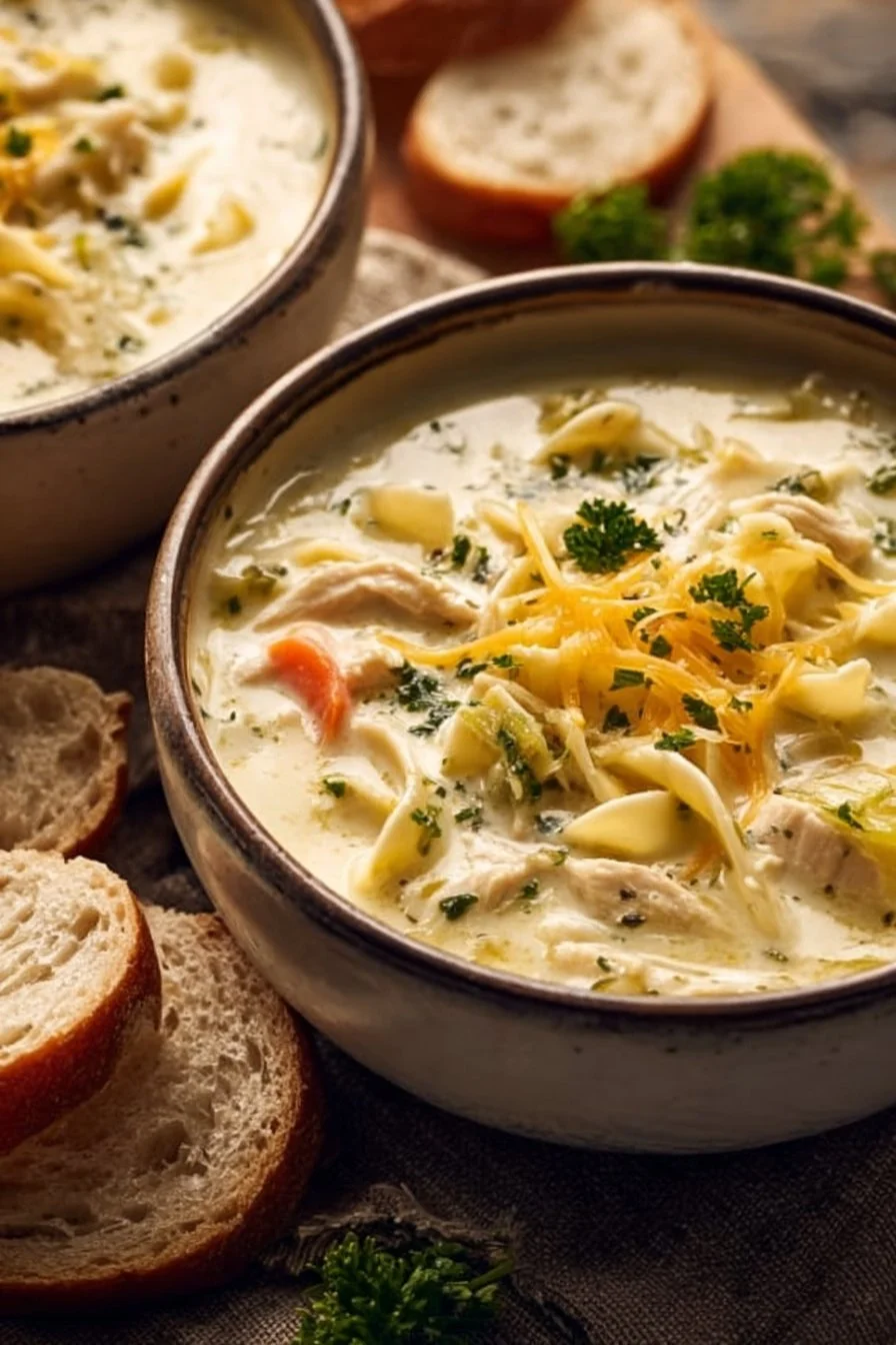 Delicious slow cooker cheesy chicken noodle soup served in a bowl.