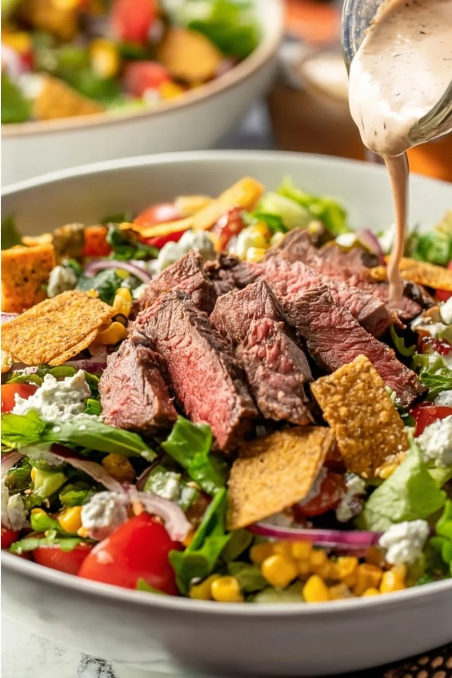 Delicious Southwest Flank Steak Salad with fresh vegetables and zesty dressing.