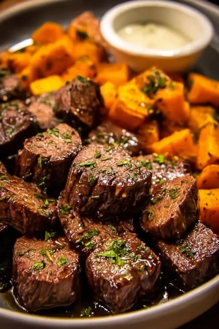 Plate of steak bites served with roasted sweet potatoes