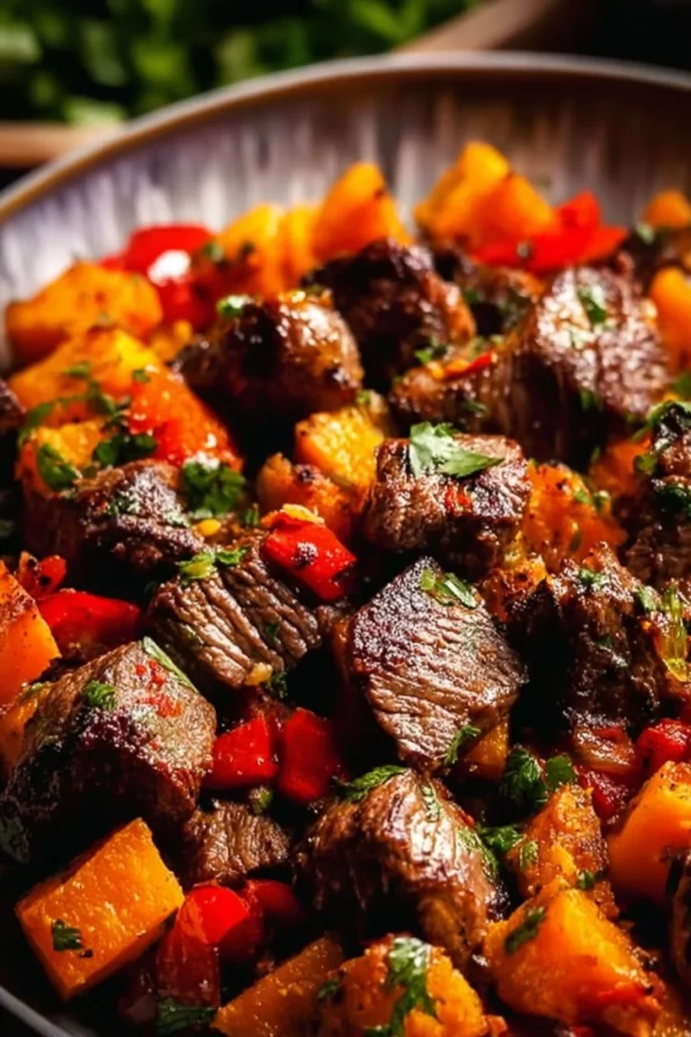 Steak bites with sweet potatoes and peppers dish on a plate