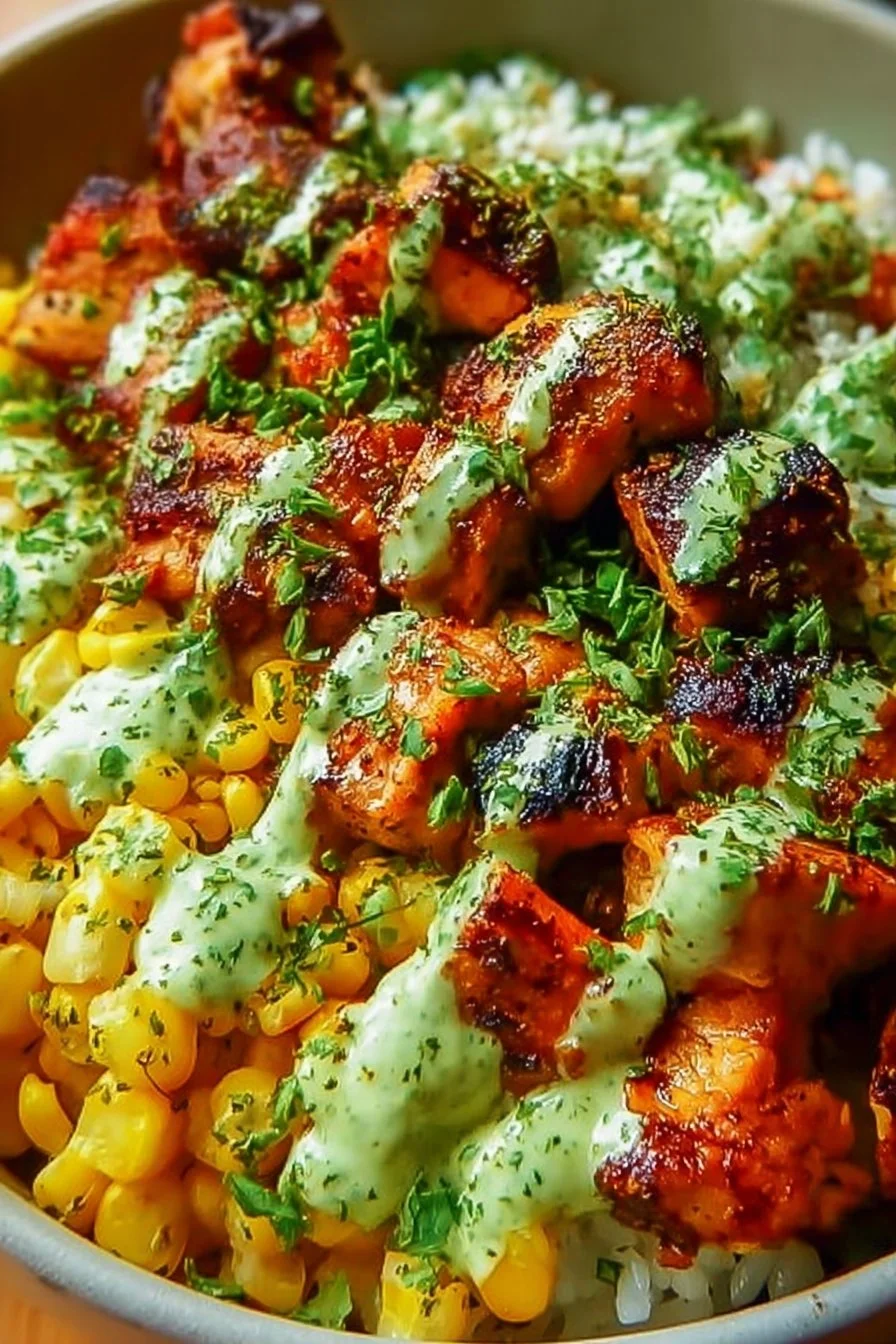 Delicious Street Corn Chicken Rice Bowl topped with spices and fresh ingredients.