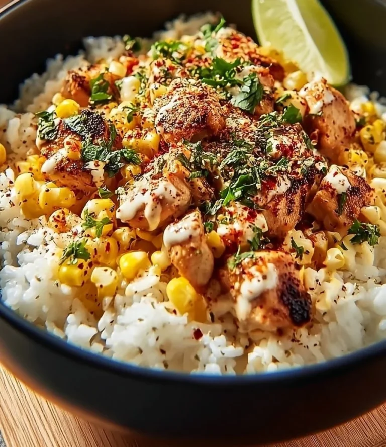 Delicious Street Corn Chicken Rice Bowl featuring grilled chicken, corn, and rice.
