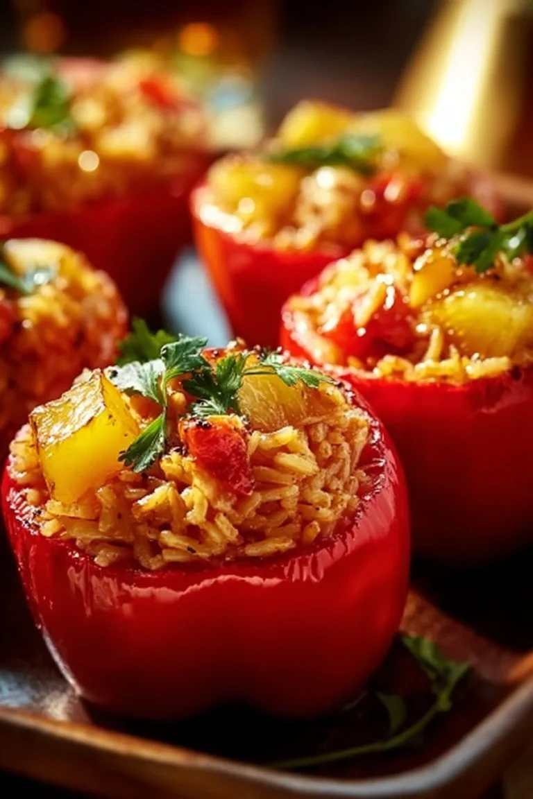 Teriyaki Pineapple Chicken Stuffed Peppers on a plate, garnished with herbs