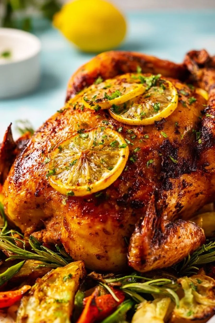 Deliciously golden whole roasted chicken served with herbs and vegetables.