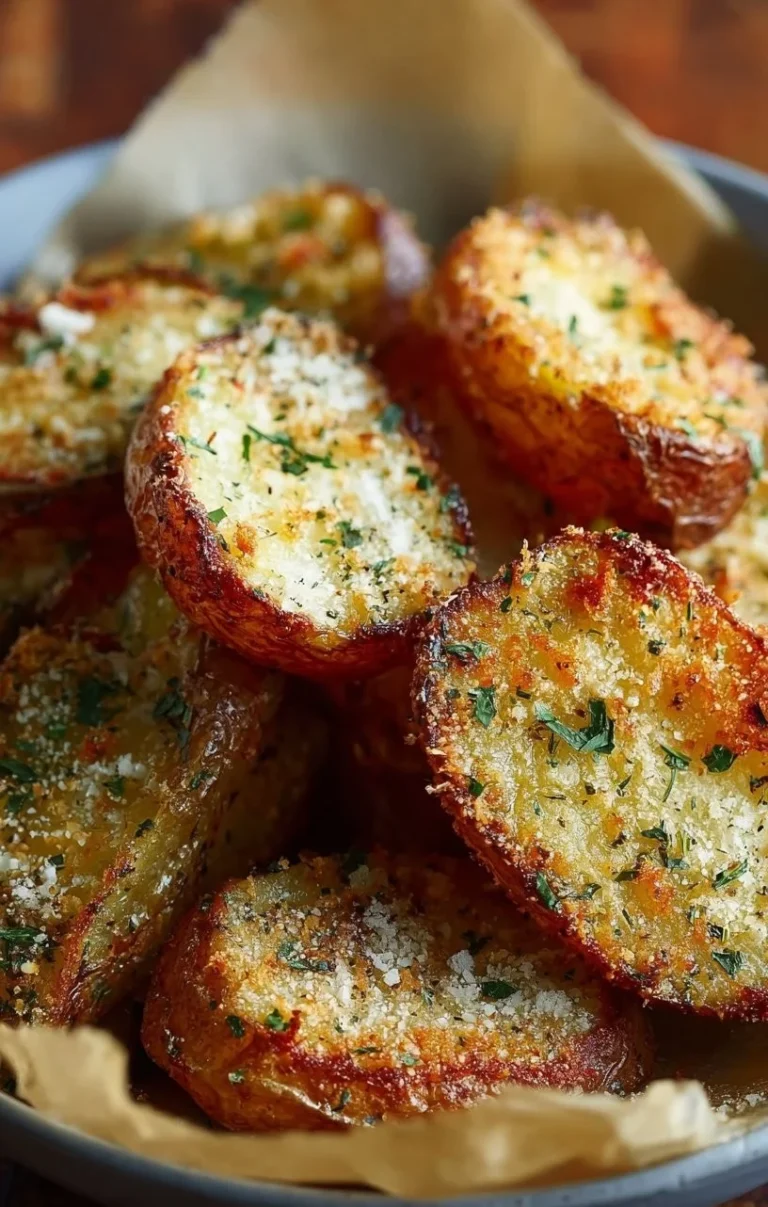 Delicious air fryer baked garlic parmesan potatoes garnished with herbs