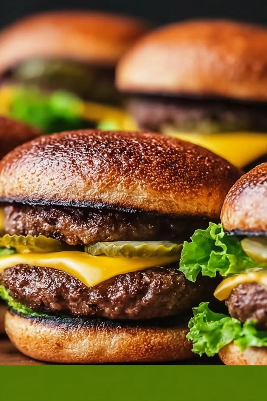 Perfectly cooked air fryer hamburgers served on a plate with toppings.