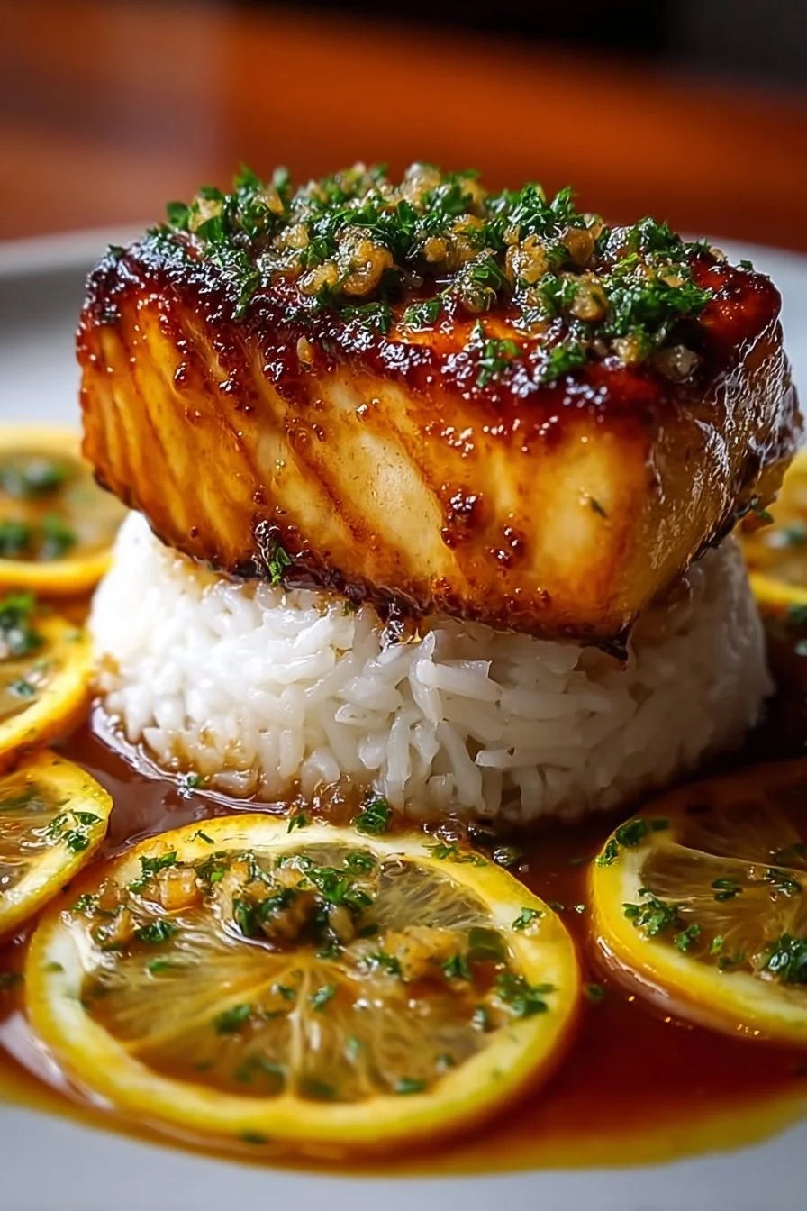 Baked Honey Marinated Cod served on a plate with garnish