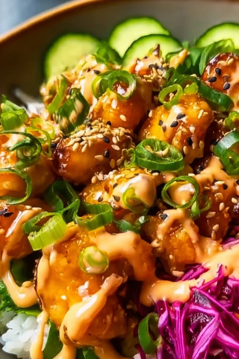 Delicious Bang Bang Chicken Bowl with crispy chicken and fresh vegetables