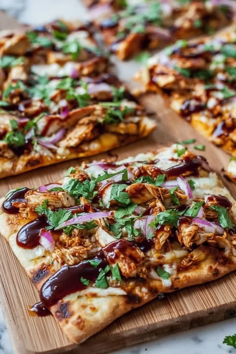Delicious BBQ chicken flatbread topped with fresh ingredients and cheese