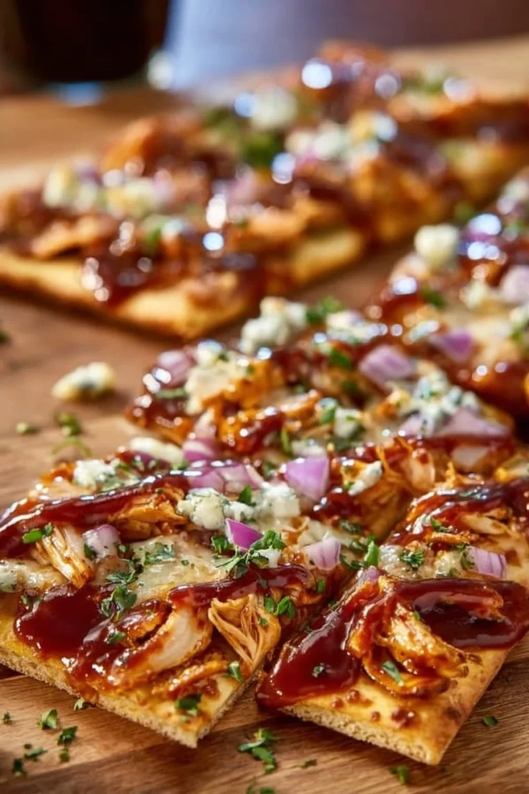 BBQ chicken flatbread topped with fresh ingredients and barbecue sauce