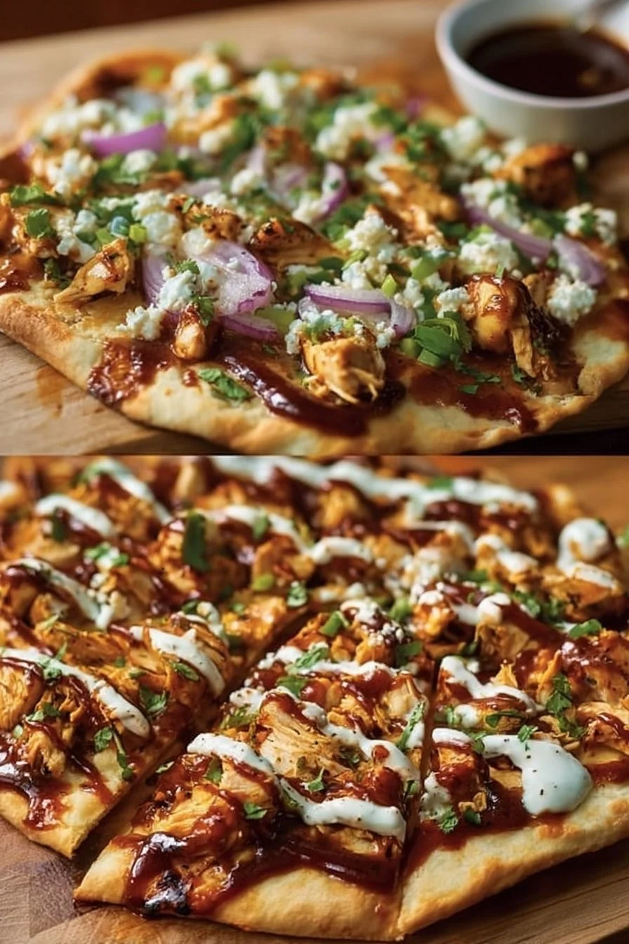 Delicious BBQ chicken flatbread topped with fresh ingredients