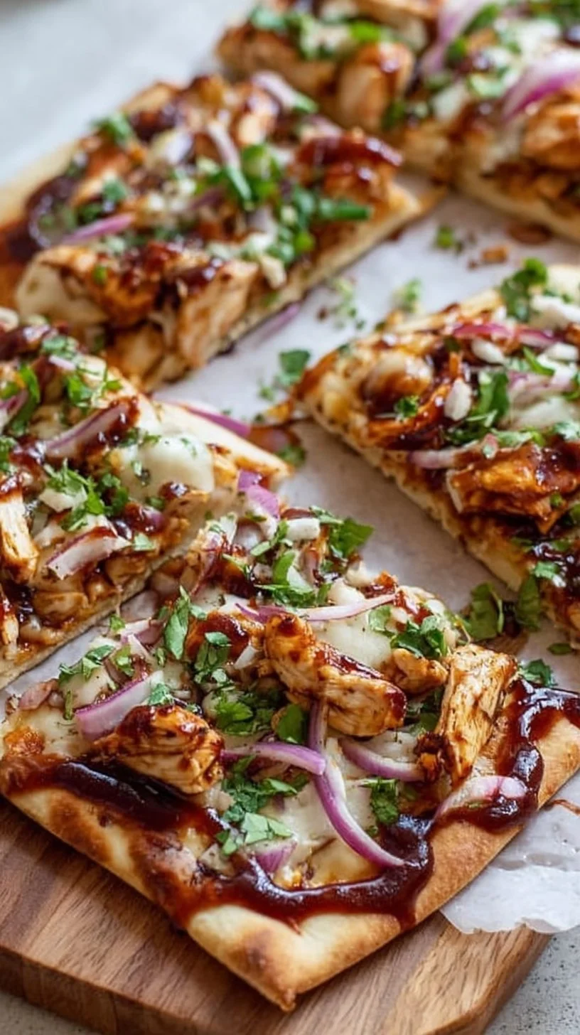 BBQ Chicken Flatbread topped with fresh herbs and melted cheese.