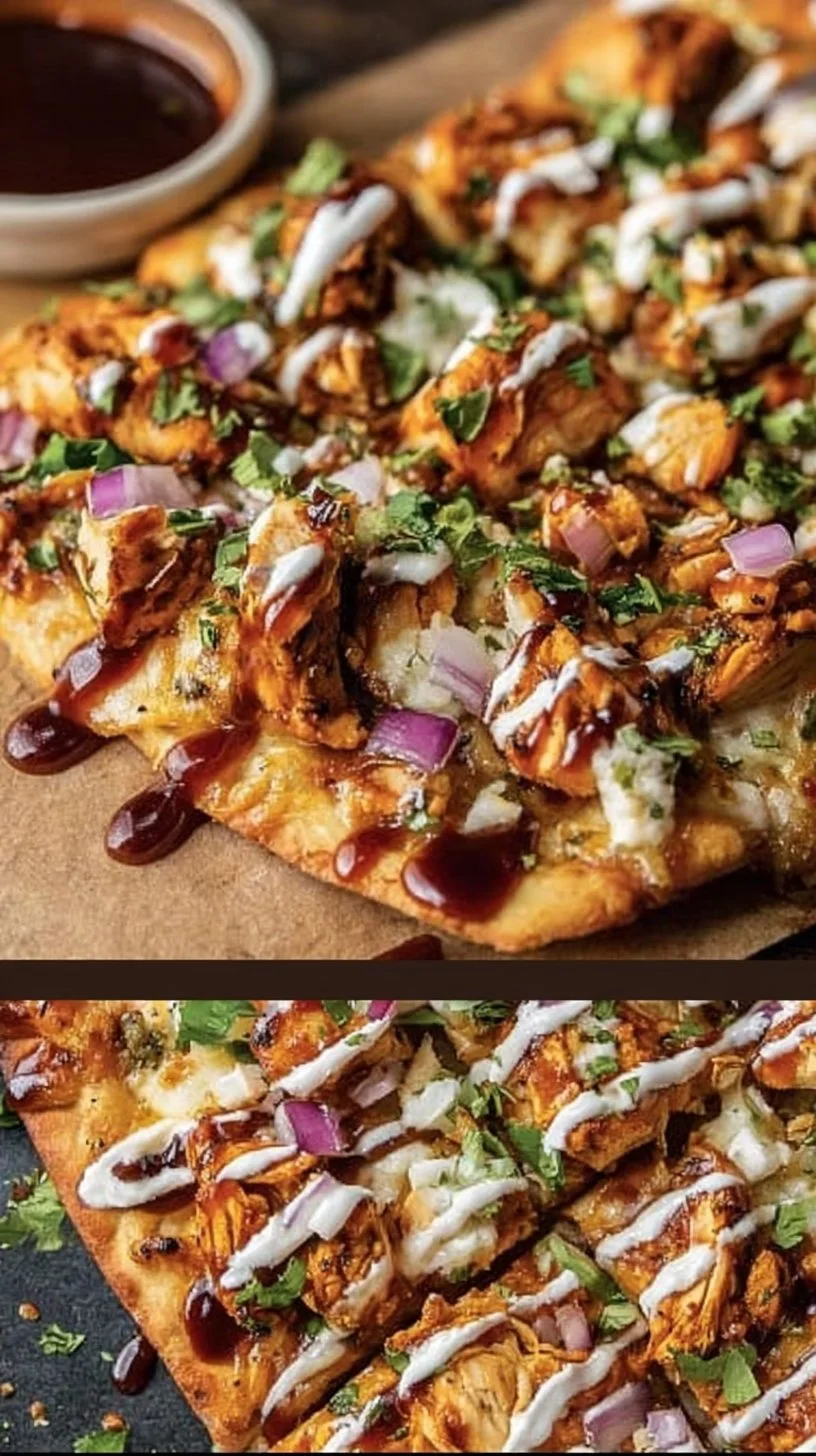 BBQ Chicken Flatbread topped with fresh ingredients and barbecue sauce