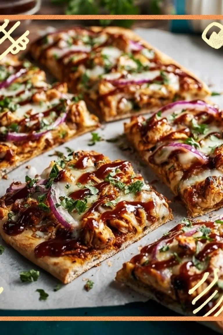 BBQ chicken flatbread pizza topped with cheese and fresh herbs