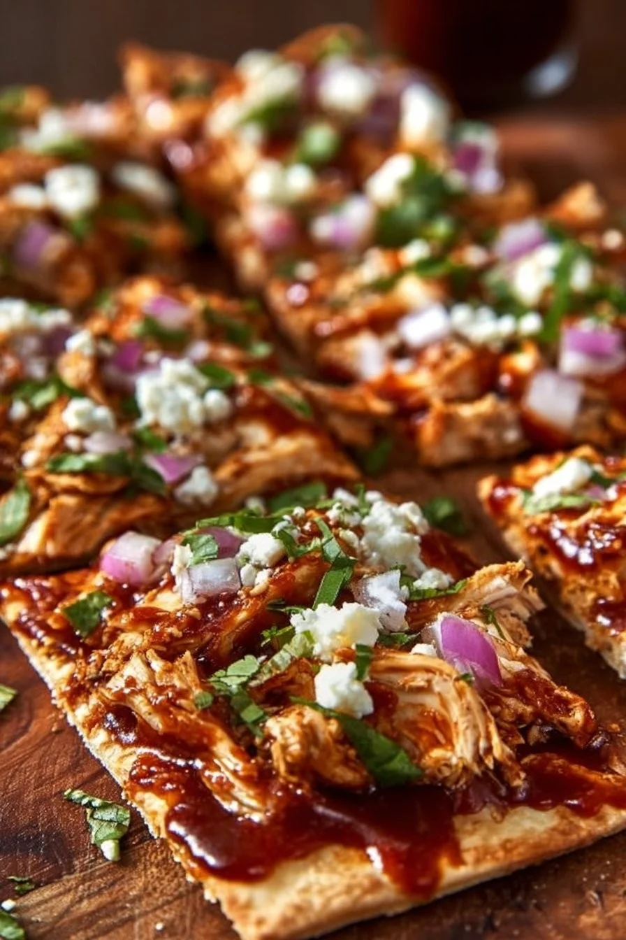 Delicious BBQ Chicken Flatbreads topped with fresh ingredients