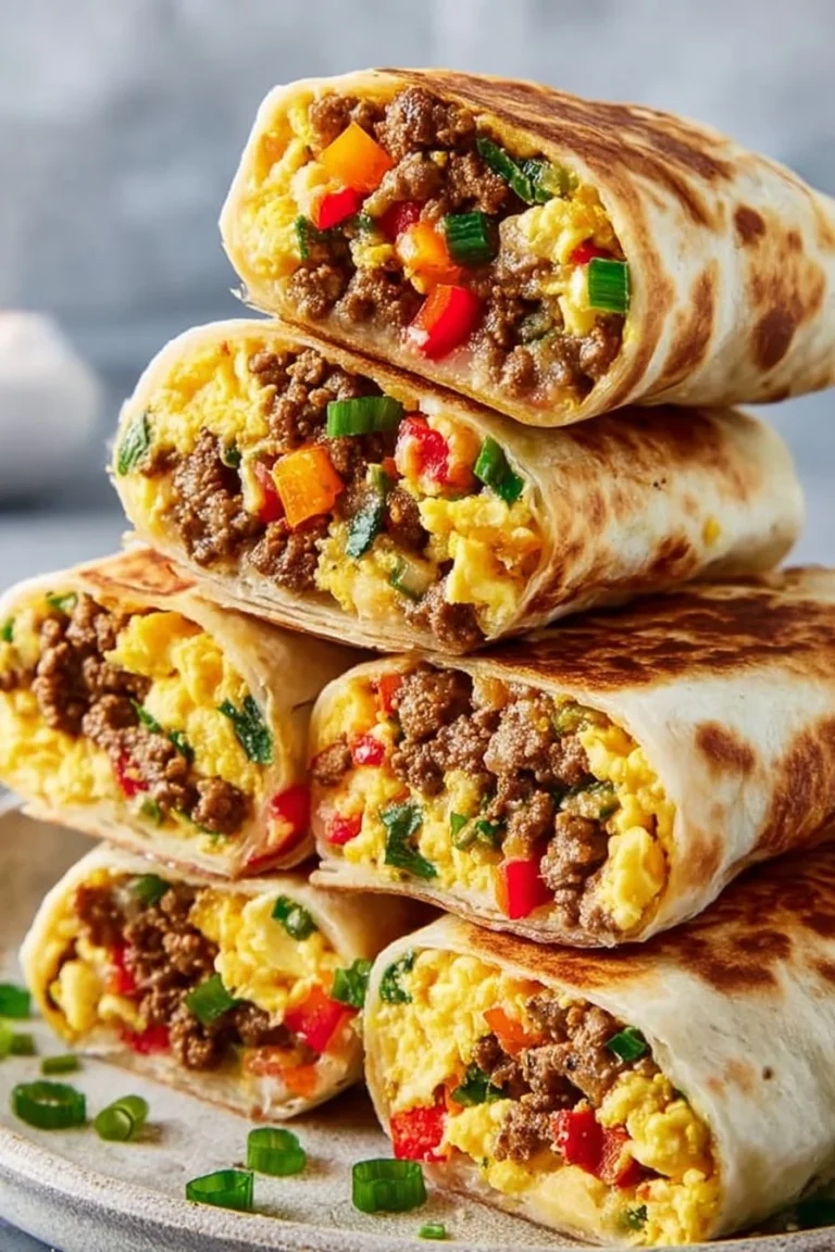 Delicious breakfast burrito filled with eggs, cheese, and vegetables.