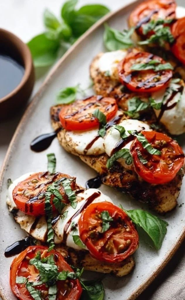 Delicious Caprese Chicken topped with mozzarella, tomatoes, and basil.
