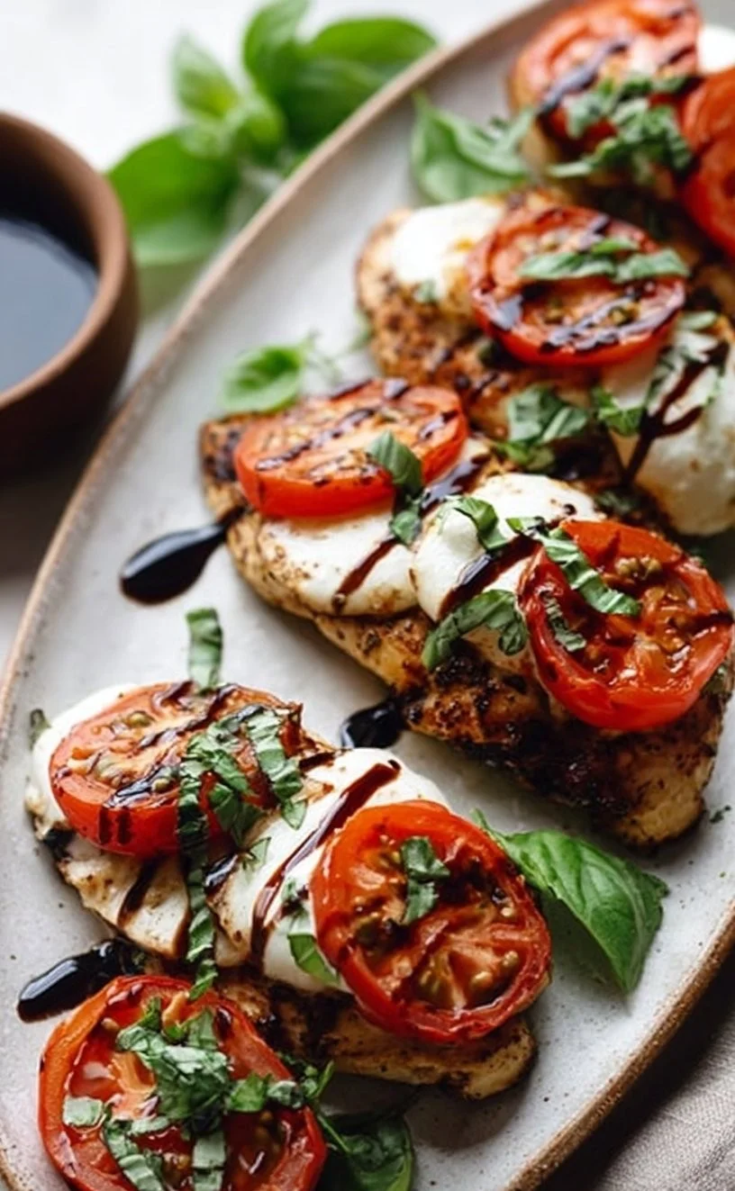 Delicious Caprese Chicken topped with mozzarella, tomatoes, and basil.