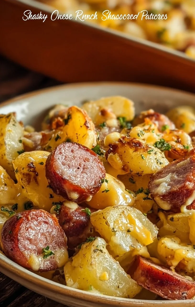Delicious cheesy ranch potatoes with smoked sausage served in a bowl.