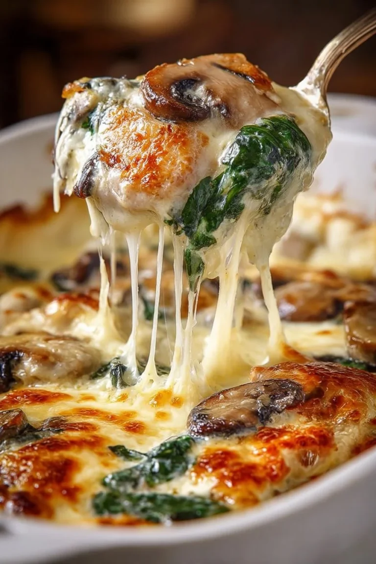 Low-carb oven dish with chicken, spinach, and mushrooms ready to serve