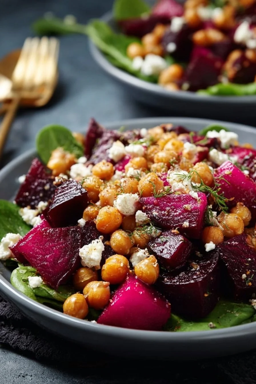 Delicious Chickpea Beet Feta Salad with vibrant colors and fresh ingredients.