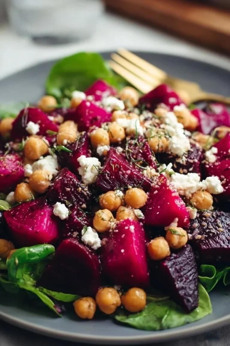 Chickpea Beet Feta Salad with fresh vegetables and feta cheese.