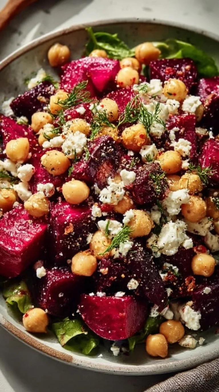 Chickpea salad with beets and feta cheese in a colorful bowl